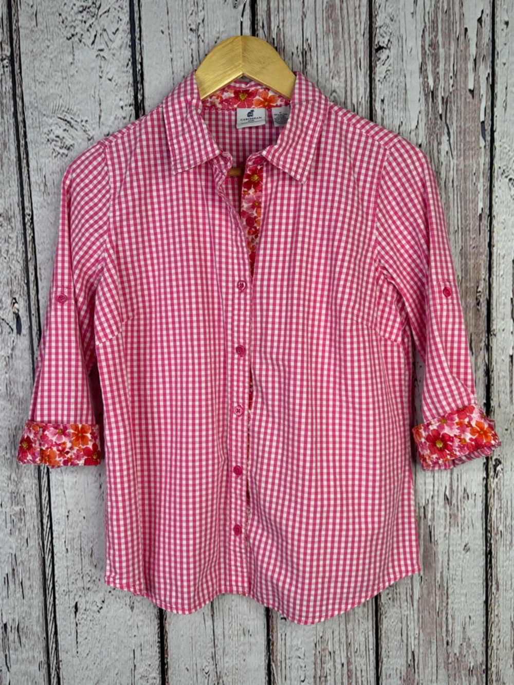 Caribbean Joe Pink & White Gingham Check Button Down Shirt Medium Floral Cuffs